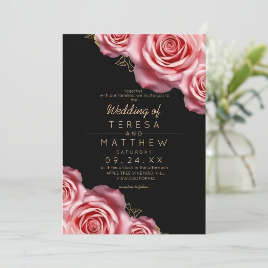 Invitation Floral Blush Pink and Black Modern Wedding (Debout devant)