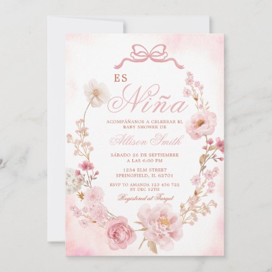 Invitation Floral Blush Pink Es Nina Baby shower espagnol (Devant)