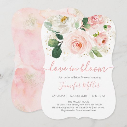 Invitation Floral Blush Rose Amour Dans La Fête des mariées F (Devant / Derrière)