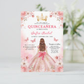 Invitation Floral Blush rose Bilingue Espagnol Quinceanera (Debout devant)