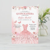 Invitation Floral Blush rose Bilingue Espagnol Quinceanera (Debout devant)
