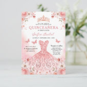 Invitation Floral Blush rose Bilingue Espagnol Quinceanera (Debout devant)