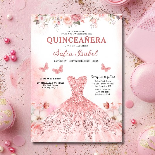 Invitation Floral Blush rose Bilingue Espagnol Quinceanera