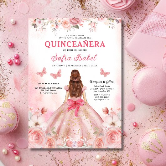 Invitation Floral Blush rose Bilingue Espagnol Quinceanera