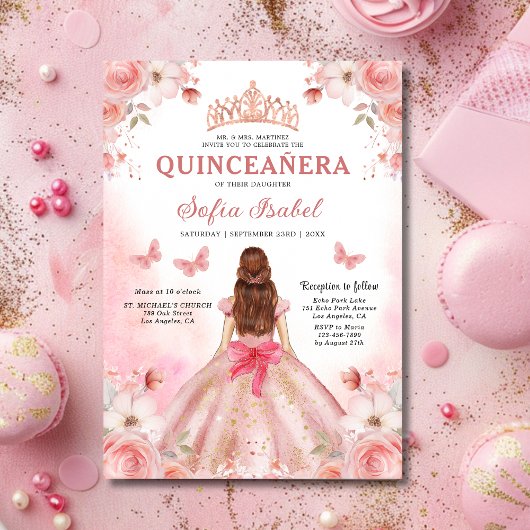 Invitation Floral Blush rose Bilingue Espagnol Quinceanera