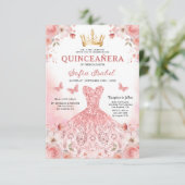 Invitation Floral Blush rose Bilingue Espagnol Quinceanera (Debout devant)
