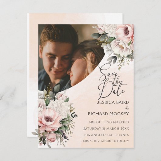 Invitation Floral Blush rose Mariage Photo Enregistrer la car (Devant / Derrière)