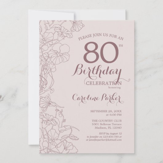 Invitation Floral Blush rose mauve Photo 80e fête d'anniversa (Devant)