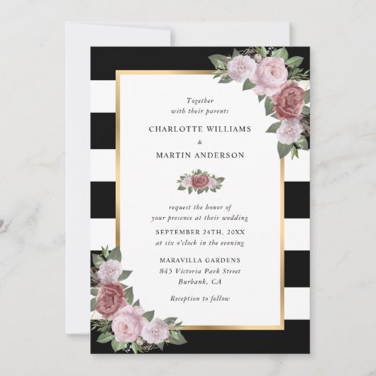 Invitation Floral Blush rose or noir blanc rayures Mariage (Devant)