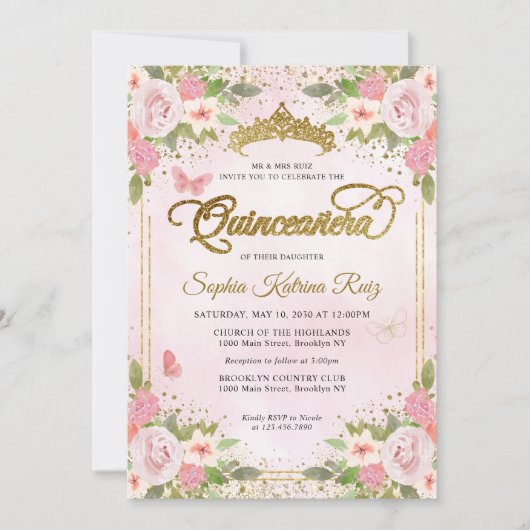 Invitation Floral Blush rose or Parties scintillant Couronne  (Devant)