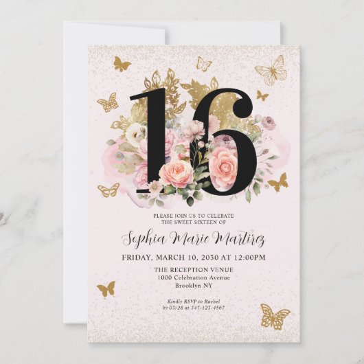Invitation Floral Blush rose or Parties scintillant papillon  (Devant)