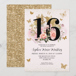 Invitation Floral Blush rose or Parties scintillant papillon 