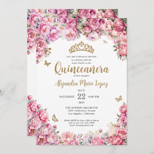 Invitation Floral Blush rose or Parties scintillant Tiara Qui (Devant / Derrière)