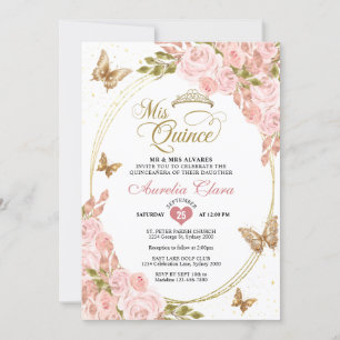 Invitation Floral Blush Rose Or Tiara Butterfly Quinceañera