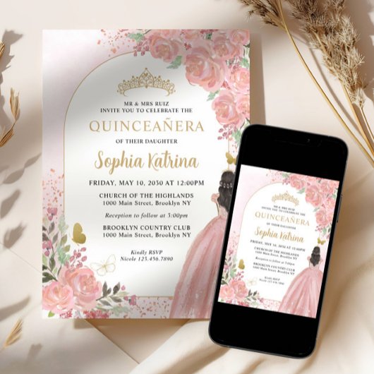 Invitation Floral Blush rose princesse Anniversaire Quinceane