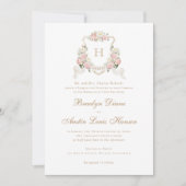 Invitation Floral Blush Rose Vert Crest Monogramme Mariage (Devant)