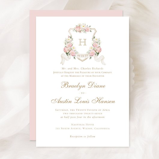 Invitation Floral Blush Rose Vert Crest Monogramme Mariage
