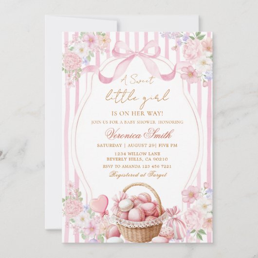 Invitation Floral Blush Stripe Pink Sweets Bow Baby Shower  (Devant)