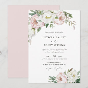 Invitation Floral Blush White Peonies Leaf Élégant mariage