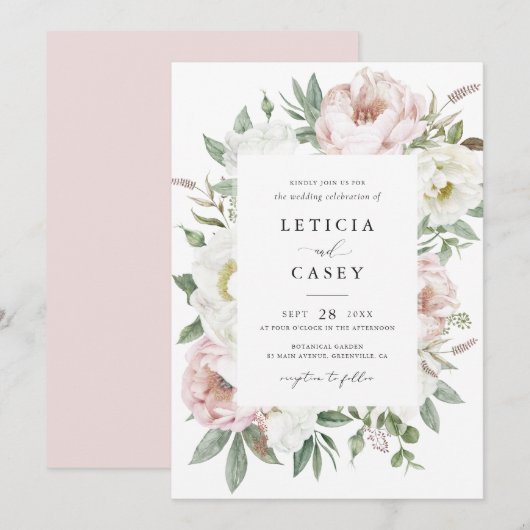 Invitation Floral Blush White Peony Frame Mariage élégant (Devant / Derrière)