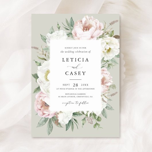 Invitation Floral Blush White Peony Frame Mariage élégant