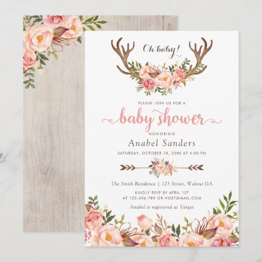 Invitation Floral Boho Antler Blush Chic Flèches Baby shower (Devant / Derrière)