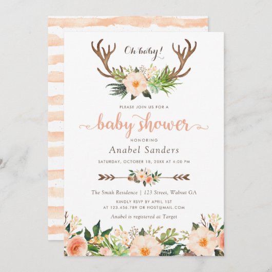 Invitation Floral Boho Antler Cactus Baby shower Succulent (Devant / Derrière)