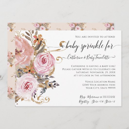Invitation Floral BOHO Aquarelle rose pâle Bébé Fille Douche (Devant / Derrière)