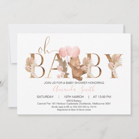 Invitation Floral Boho Bear Balloons Baby shower Word (Devant)