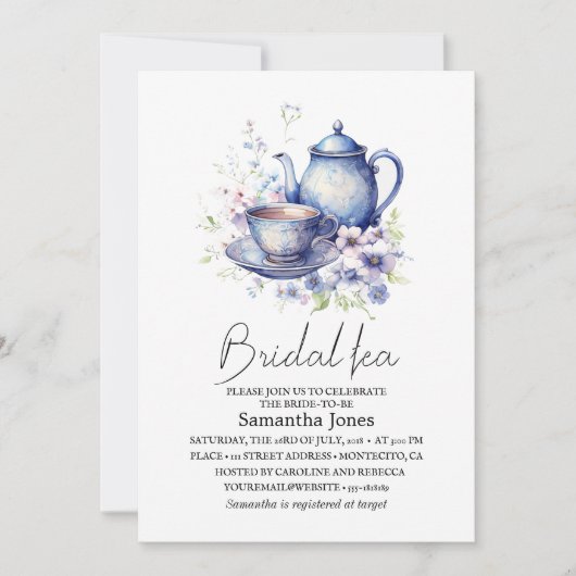 Invitation Floral Boho Blue Tea Pot Party Bridal Shower  (Devant)