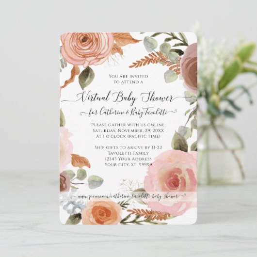 Invitation Floral Boho Blush Earth Tone Bébé Douche virtuelle (Debout devant)