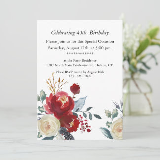Invitation Floral Boho Bourgogne, personnalisable, 40e annive