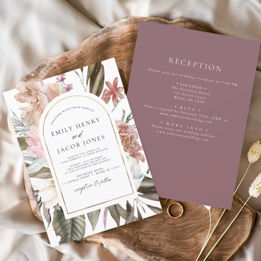 Invitation Floral Boho de Bourgogne tout en un Mariage