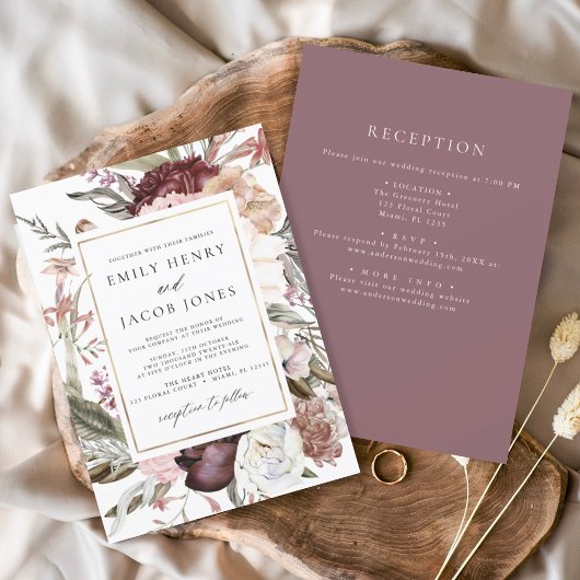 Invitation Floral Boho de Bourgogne tout en un Mariage
