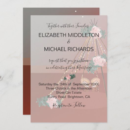 Invitation Floral Boho Desert Rustic Teepee / Tipi Mariage (Devant / Derrière)