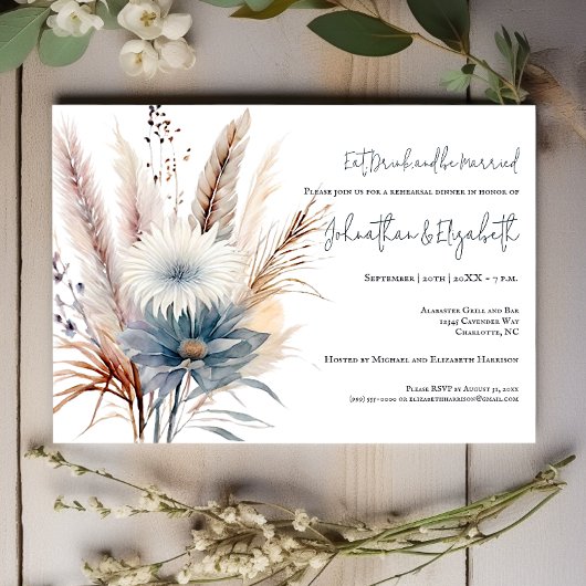 Invitation Floral Boho d'hiver | Dîner de répétition blanc