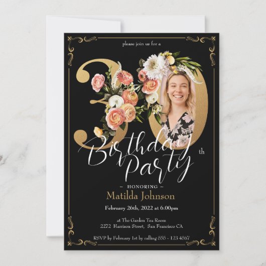 Invitation Floral Boho d'or noir 30e anniversaire (Devant)