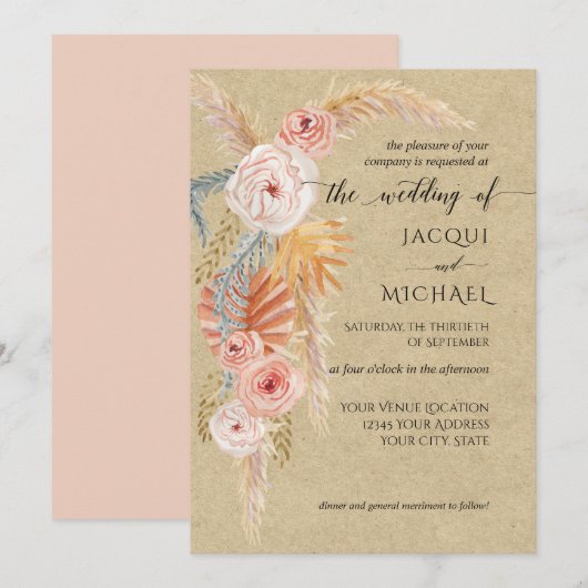 Invitation Floral BOHO Pampas Grass Folithe Kraft Aquarelle (Devant / Derrière)