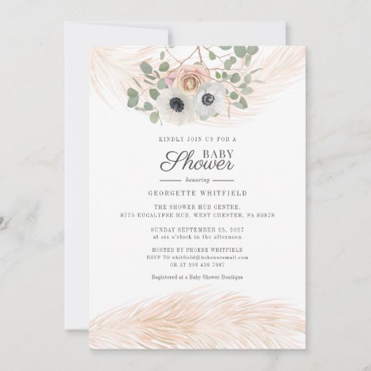 Invitation Floral Boho Pampas Grass Moderne Baby shower fille (Devant)