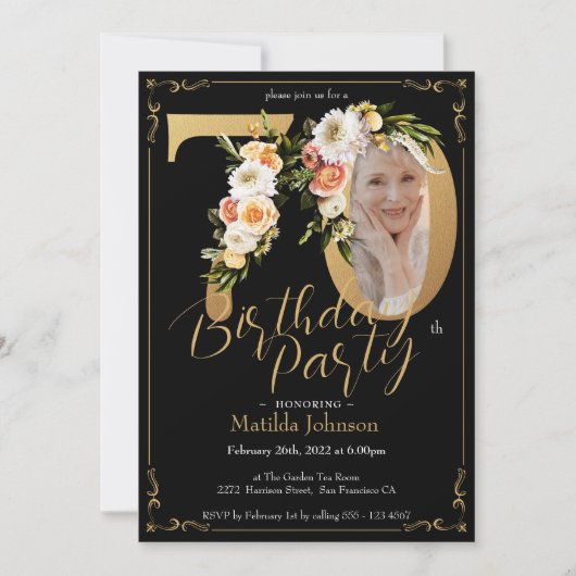 Invitation Floral Boho Photo personnalisée Black Gold 70e ann (Devant)