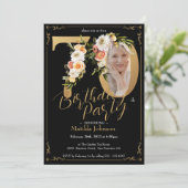 Invitation Floral Boho Photo personnalisée Black Gold 70e ann (Debout devant)