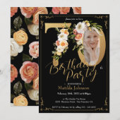 Invitation Floral Boho Photo personnalisée Black Gold 70e ann (Devant / Derrière)