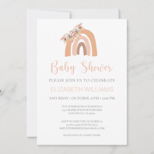 Invitation Floral Boho rose arc-en-ciel Pampas Baby shower en (Devant)