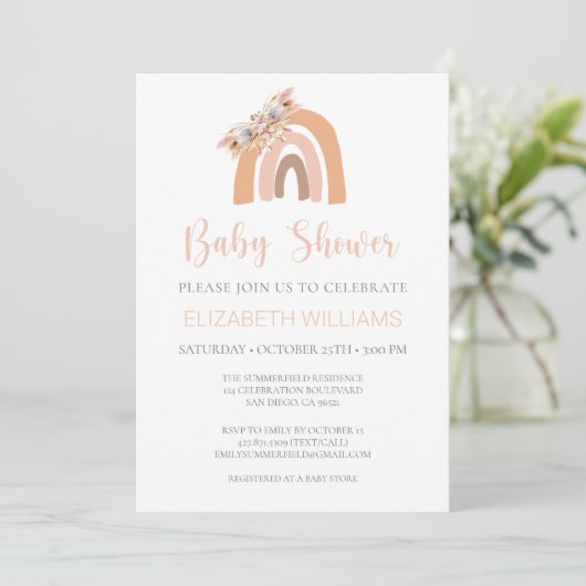 Invitation Floral Boho rose arc-en-ciel Pampas Baby shower en (Debout devant)