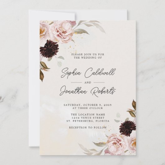 Invitation Floral Boho rose pâle tout en un seul Mariage (Devant)