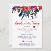 Invitation Floral boho rouge marine Fête de graduation PHOTO (Devant)