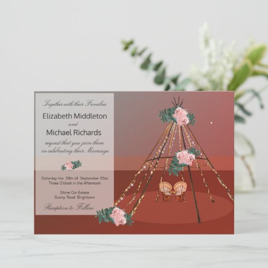 Invitation Floral Boho Rustique Desert Teepee / Tipi Mariage (Debout devant)
