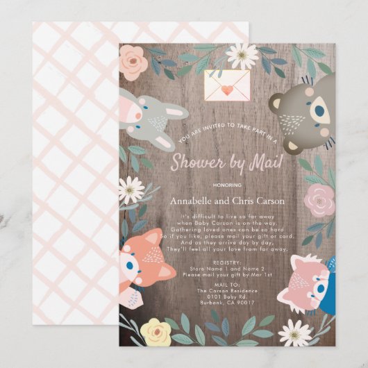 Invitation Floral Bois Animaux Baby shower Rose Par Courrier (Devant / Derrière)