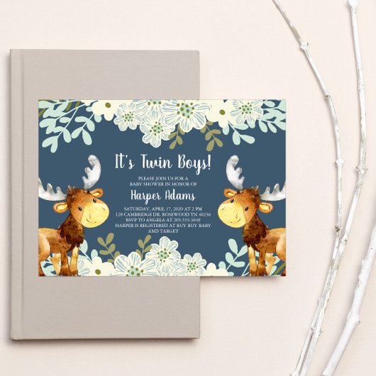 Invitation Floral Bois Moose Twin Boys Baby shower