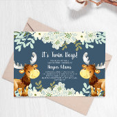 Invitation Floral Bois Moose Twin Boys Baby shower